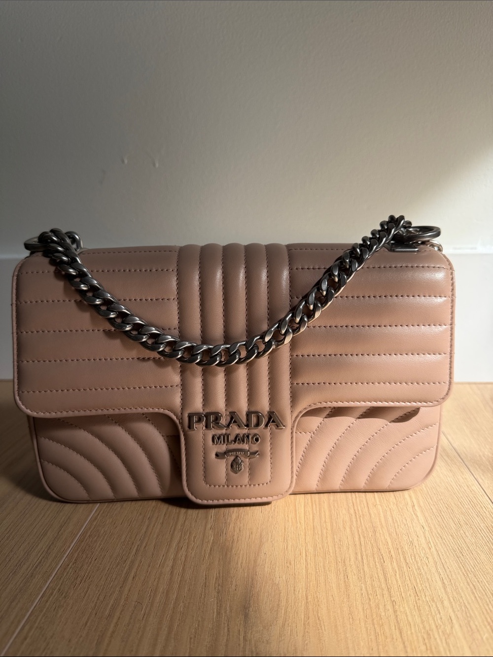 Prada Quilted Shoulder Bag in Nude Pink with Silver Chain